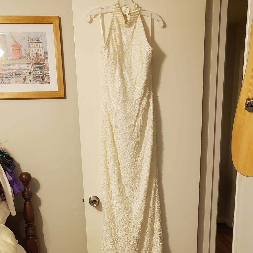 Pearl Halter Wedding Dress fitted with train